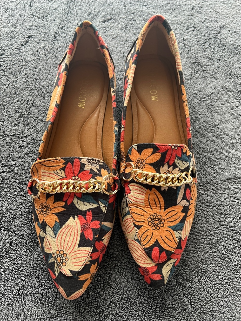 Pointed Floral Chain-Trim Flats in Black & Warm Multi